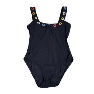 Karla Colletto Swimsuit Women 14 Black Excellent Grommet One Piece Swim